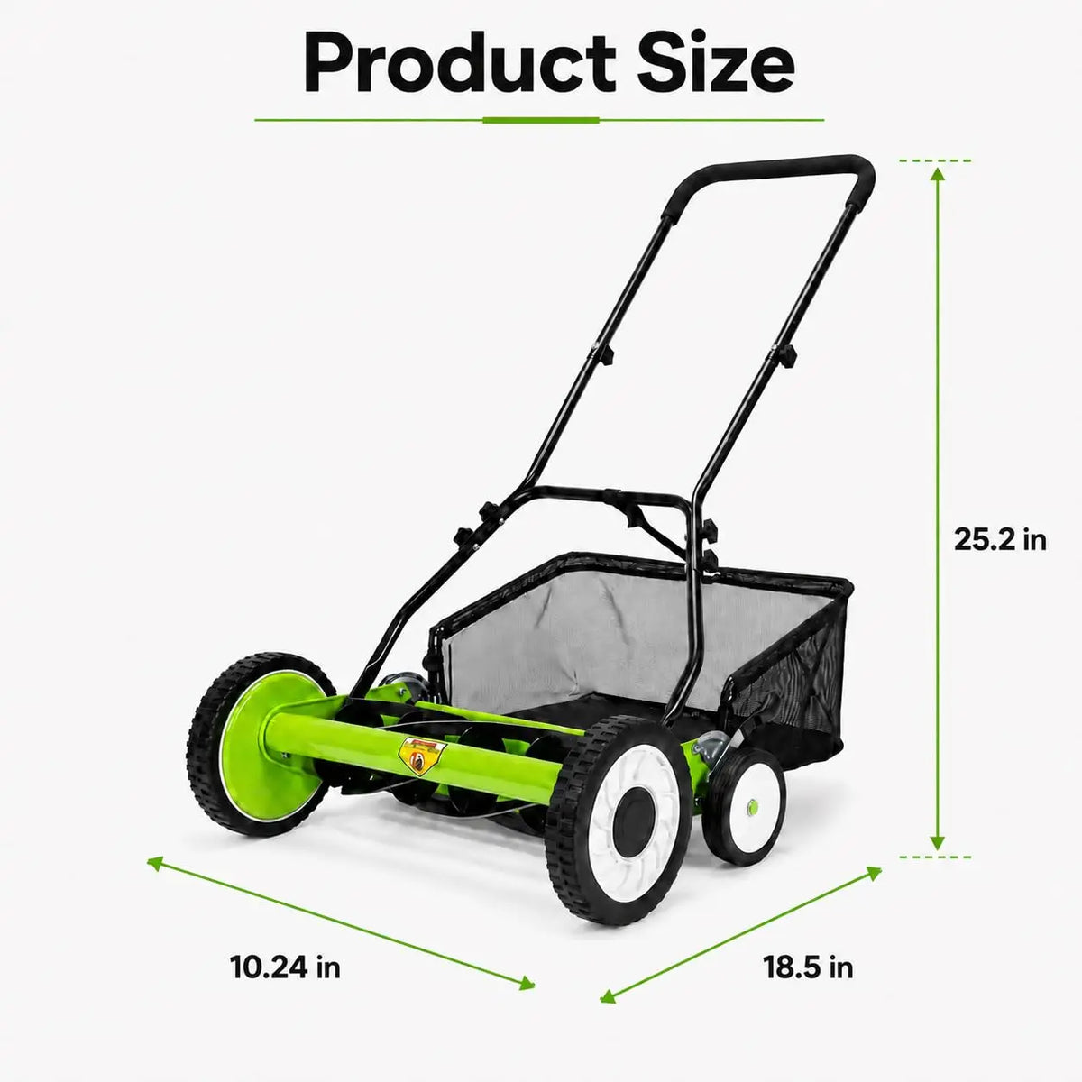 18 Inch Push Reel Lawn Mower, 4 Wheel Manual Grass Cutter With 5 Blade Carbon Steel System, Adjustable Height For Yard Garden