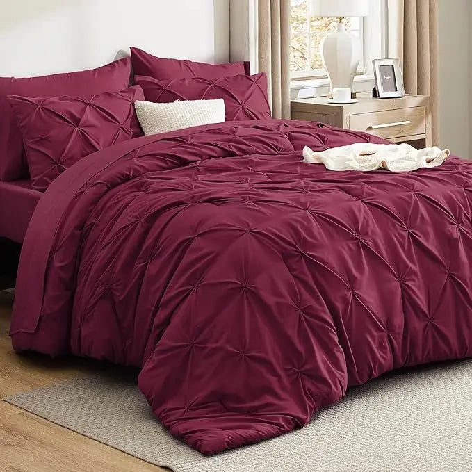 Luxury 7-Piece Pinch Pleat Bedding Set King Size Ultra-Soft Microfiber Comforter Set All-Season Breathable Cloud-Like Bed in a Bag Machine Washable