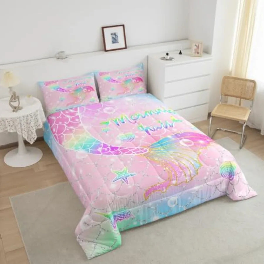Comforter Set Size for Girls Rainbow Tail Printed Bedding Set Cute Reversible Stars Quilt Bed Set Sparkle Fish Scale Bedroom Gl