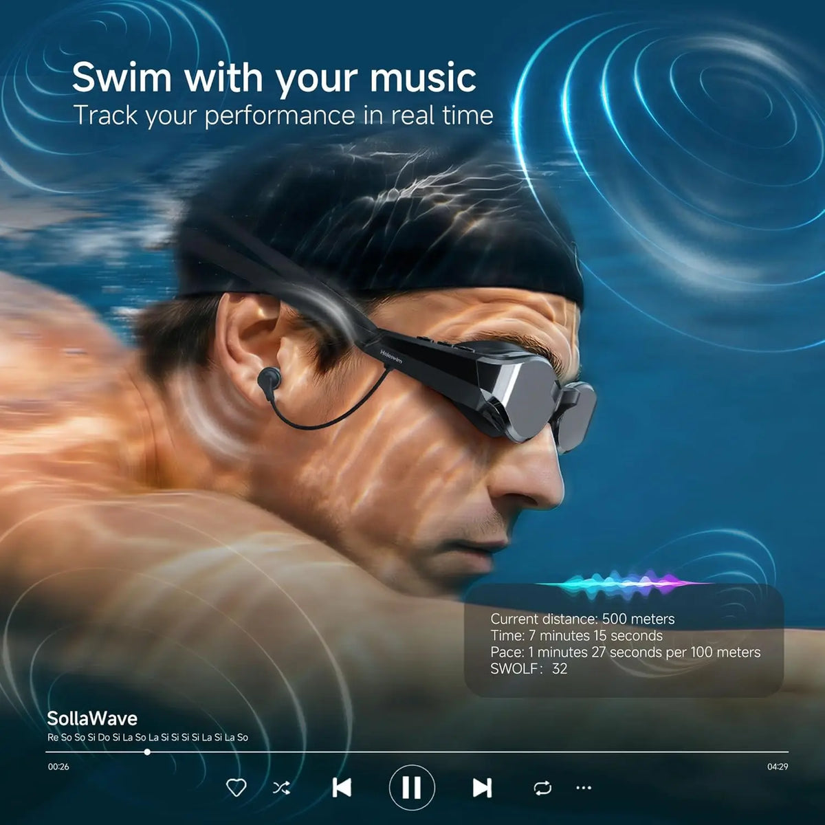 SollaWave AI Music Smart Goggles Swimming Headphones, Real-Time Voice Feedback + 4GB MP3 Player, 9-Axis Motion Tracking Swimming Earbuds, IP68 Waterproof Headphones for Swimming with App & AI Analysis, Swim Googles With Music