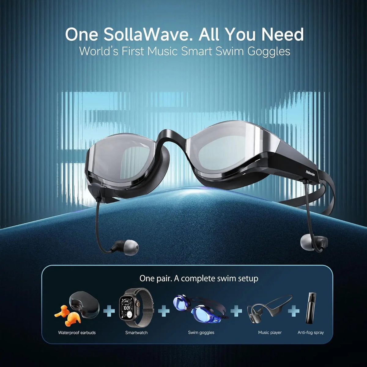 SollaWave AI Music Smart Goggles Swimming Headphones, Real-Time Voice Feedback + 4GB MP3 Player, 9-Axis Motion Tracking Swimming Earbuds, IP68 Waterproof Headphones for Swimming with App & AI Analysis, Swim Googles With Music