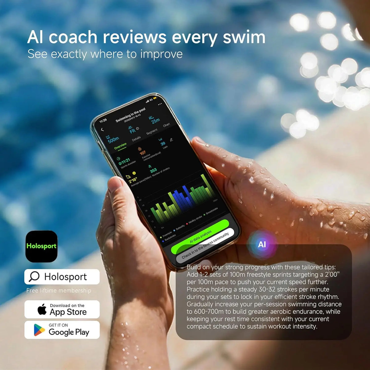 SollaWave AI Music Smart Goggles Swimming Headphones, Real-Time Voice Feedback + 4GB MP3 Player, 9-Axis Motion Tracking Swimming Earbuds, IP68 Waterproof Headphones for Swimming with App & AI Analysis, Swim Googles With Music