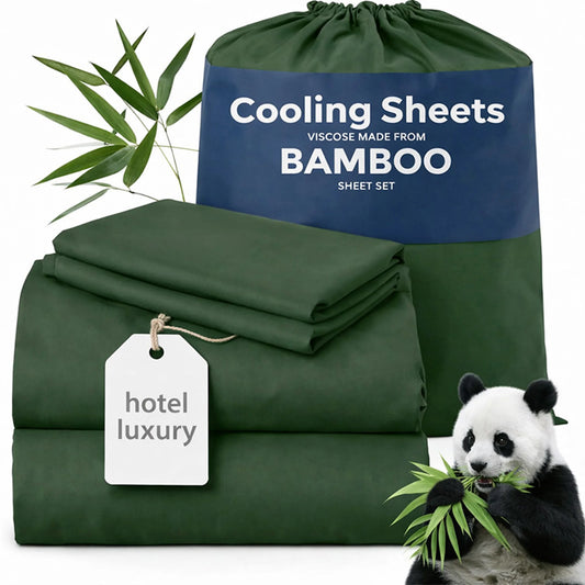 4-Piece Twin/Full/Queen/King Size Bamboo Viscose Cooling Sheet Set, Luxury Hotel Quality Super Soft Breathable Bed Sheets,16" Deep Pocket Elastic Fitted Sheet with Pillowcases, Ultra Cooling for Hot Sleepers, All Season Home