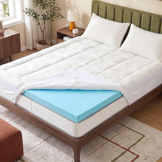 MCQ Gel Memory Foam Dual Layer Mattress Topper and Soft Pillow Top Mattress Pad Cover Gel Breathable Cooling Mattress Soft Bed Topper Home Bedroom