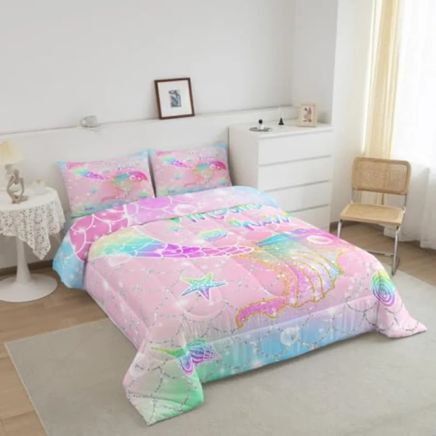 Comforter Set Size for Girls Rainbow Tail Printed Bedding Set Cute Reversible Stars Quilt Bed Set Sparkle Fish Scale Bedroom Gl