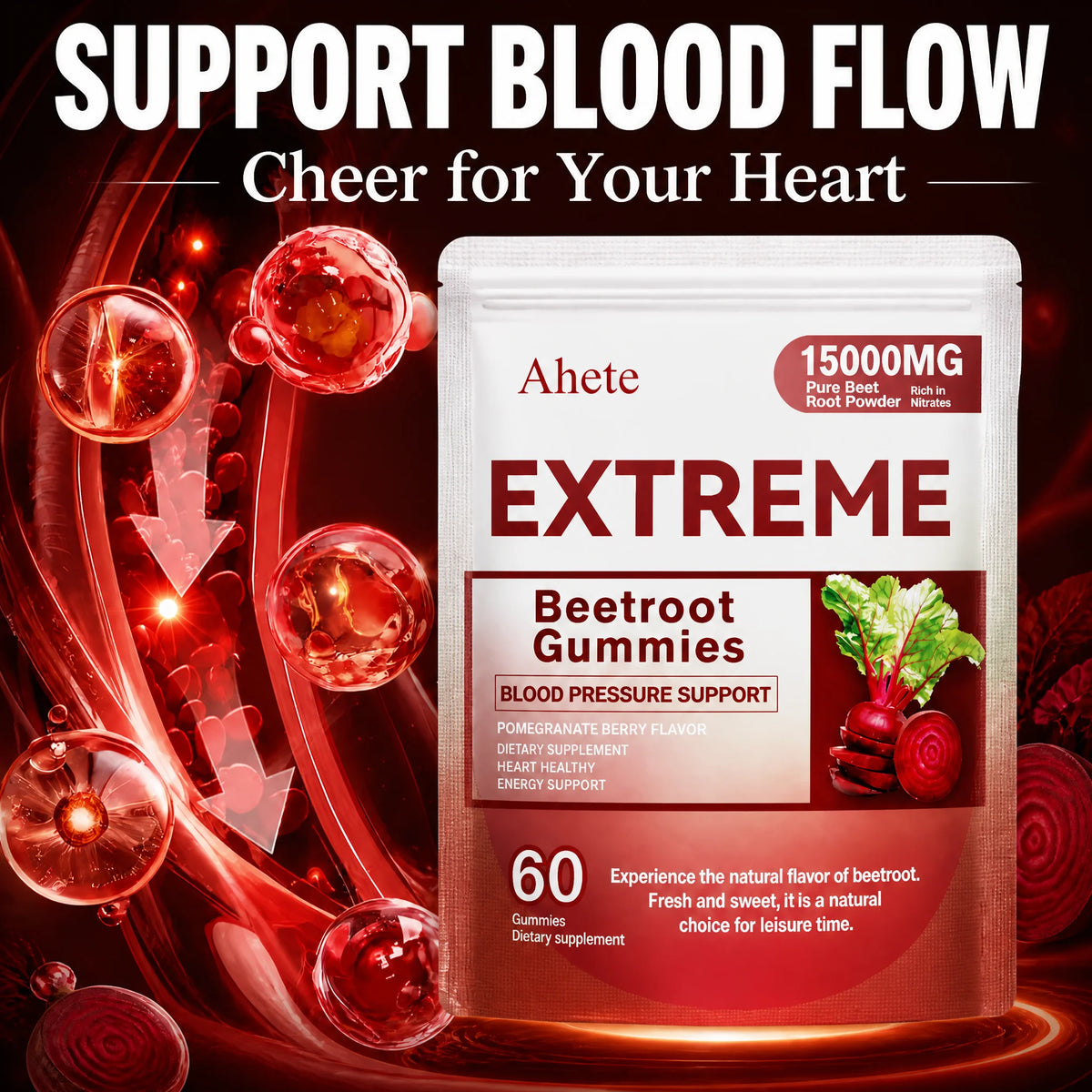 Beet Root Gummies, Beetroot Powder 500mg with Grape Seed Extract & Coenzyme Q10, Pomegranate Berry Flavor, Heart Support