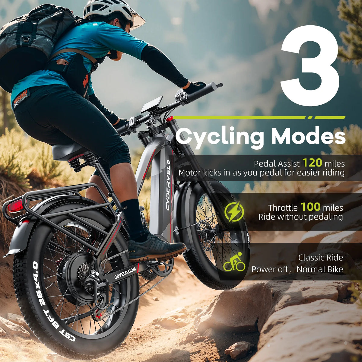 Cybervelo 5000W Peak Fat Tire Electric Bike 26"x4.0 All Terrain Mountain Commuter Ebike 7-Speed Up to 120 Miles 52V 40Ah/60V 50Ah Battery EK9