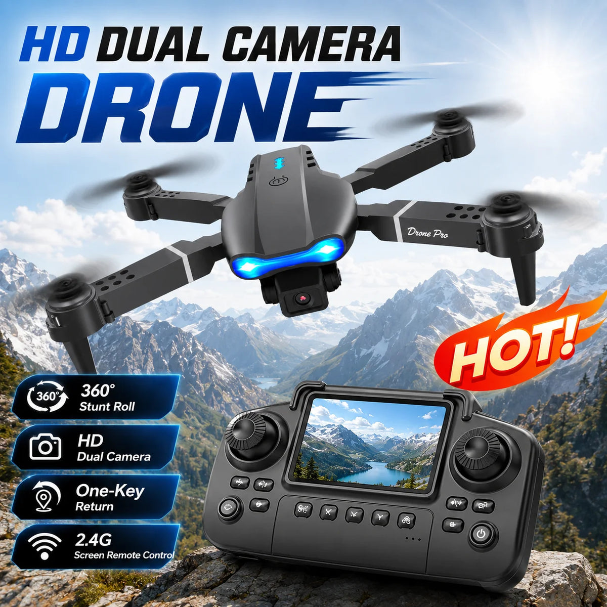 RC Quadcopter Brushless Motor One Key Takeoff Landing Return 360° Rolling Headless Mode Dual Screen Switch LED Light Hobby Drone