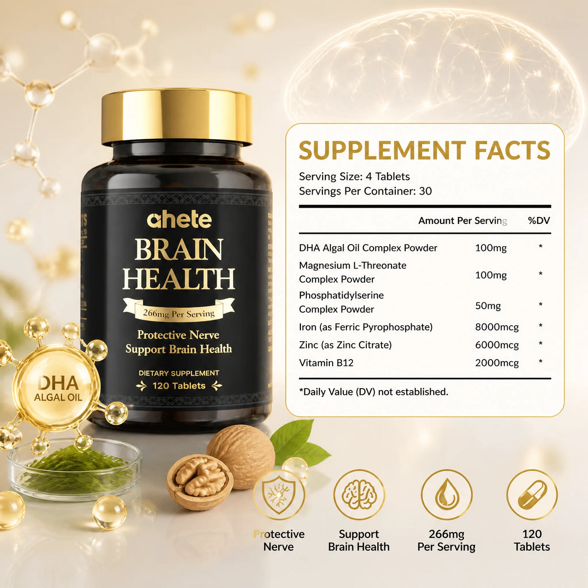 8 Bottles Achete Brain Health 266mg 120 Tablets. DHA Algal Oil & Magnesium for Nerve, Memory & Focus. Best Value.