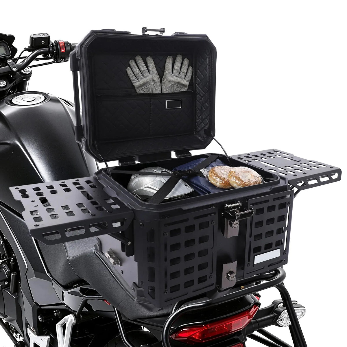45L Motorcycle Top Case with Foldable Side Plates, Hard Shell Rear Tail Box for Scooter & Moped, Waterproof Storage Trunk with Cushioned Inner Liner, Double Lock System