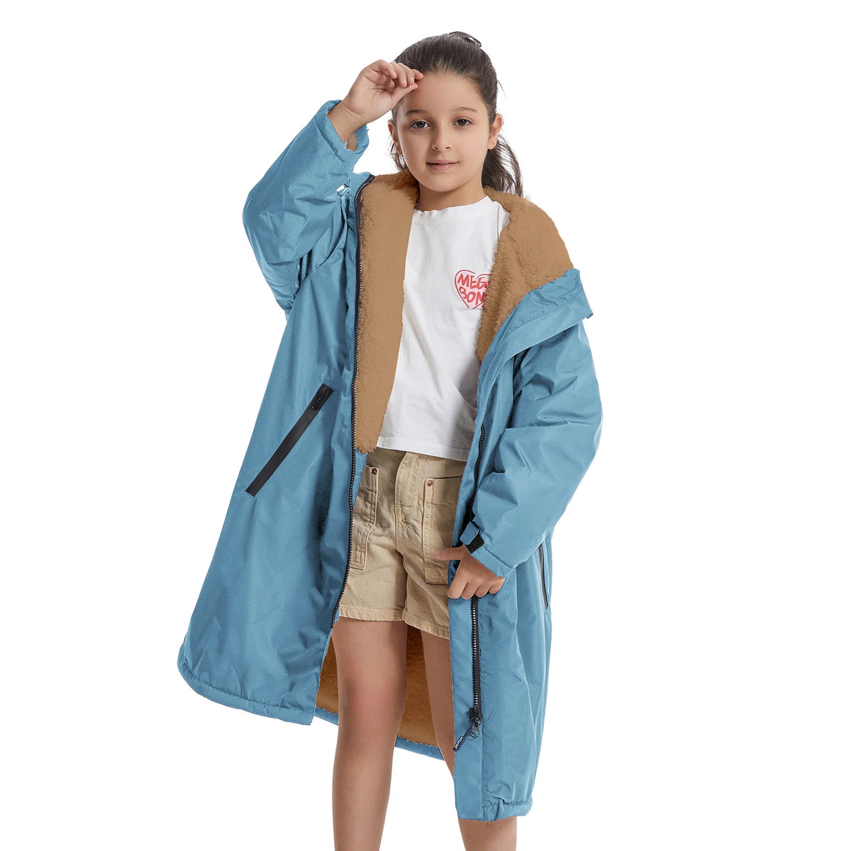 Mutao Children's Fleece-lined Warm Bathrobe, Windproof And Cold-resistant Composite Cape, Suitable For Beach Swimming, Diving, And Surfing; Hooded Design, One Size Fits All