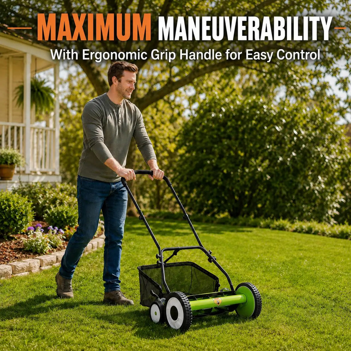 18 Inch Push Reel Lawn Mower, 4 Wheel Manual Grass Cutter With 5 Blade Carbon Steel System, Adjustable Height For Yard Garden