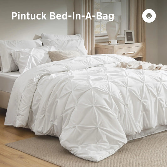 Luxury 7-Piece Pinch Pleat Bedding Set King Size Ultra-Soft Microfiber Comforter Set All-Season Breathable Cloud-Like Bed in a Bag Machine Washable