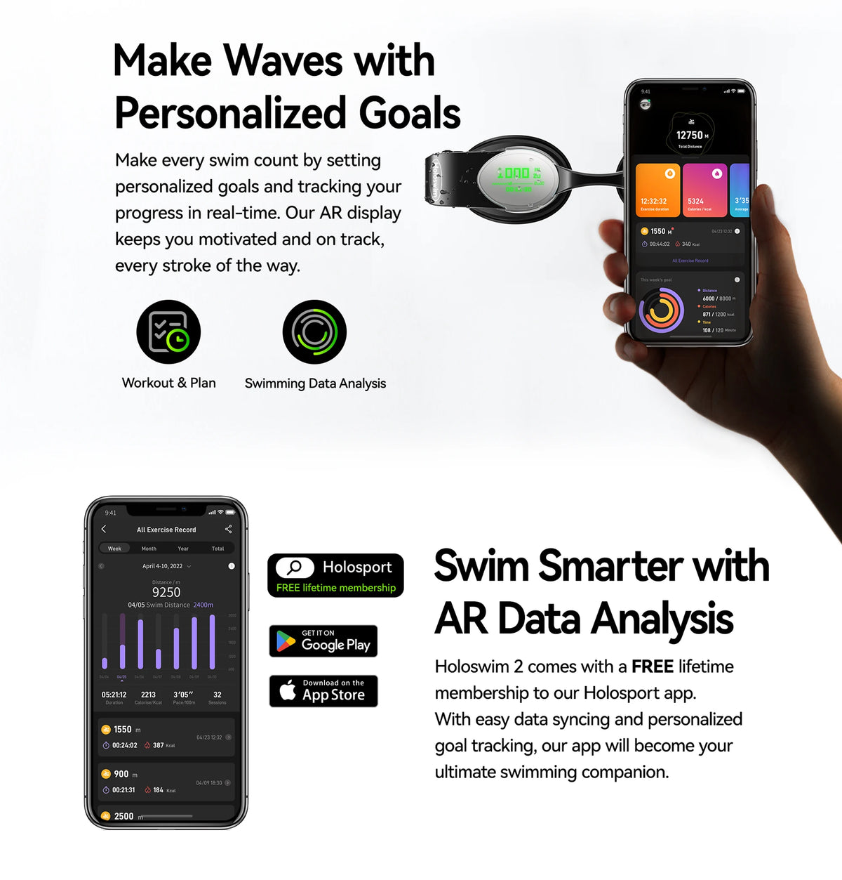 Holoswim 2S Smart Swim Goggles, Digital Real-time Data Display Smart AR Goggles with AI Data Analysis APP, No Subscription, TÜV Anti-Fog Lens, IP68 Waterproof Smart Glasses for Pool & Open Water