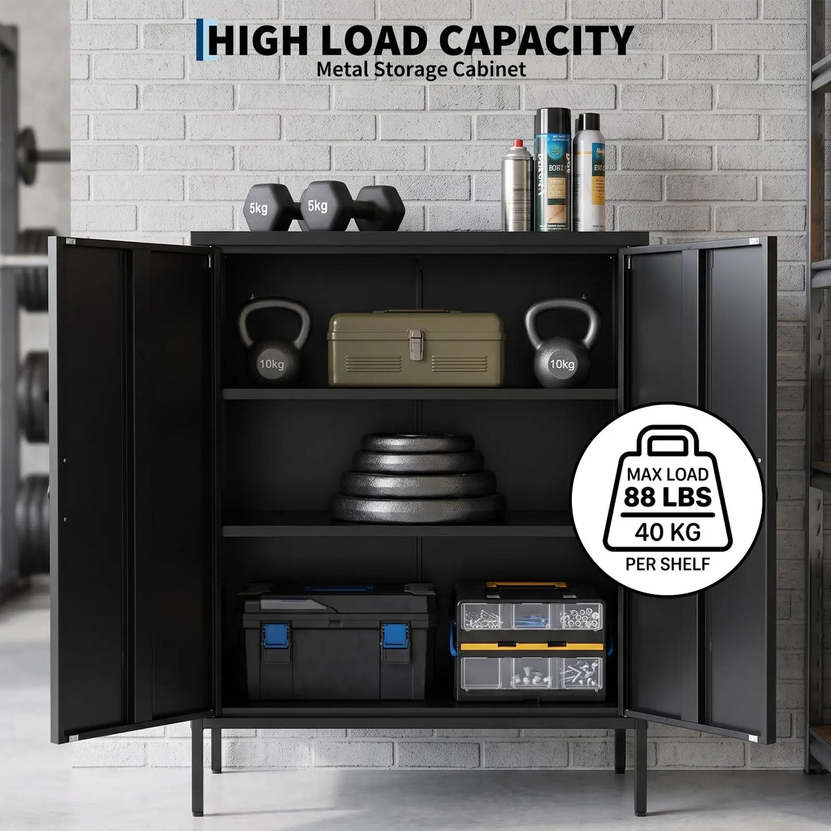 40 Inch Metal Storage Cabinet With 2 Doors, 3 Tier Steel Locker With Adjustable Shelves And Raised Legs For Office Garage Home