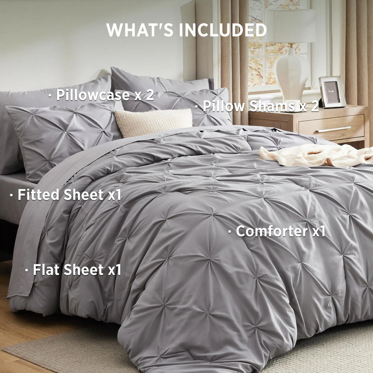 Luxury 7-Piece Pinch Pleat Bedding Set King Size Ultra-Soft Microfiber Comforter Set All-Season Breathable Cloud-Like Bed in a Bag Machine Washable