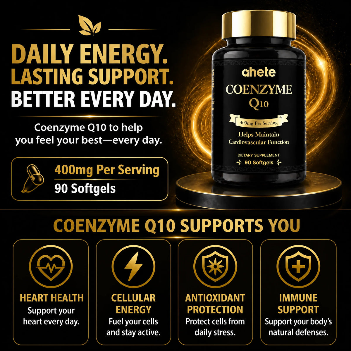 8 Bottles Achete CoQ10 400mg 90 Softgels. Supports Heart Health, Blood Circulation & Energy.