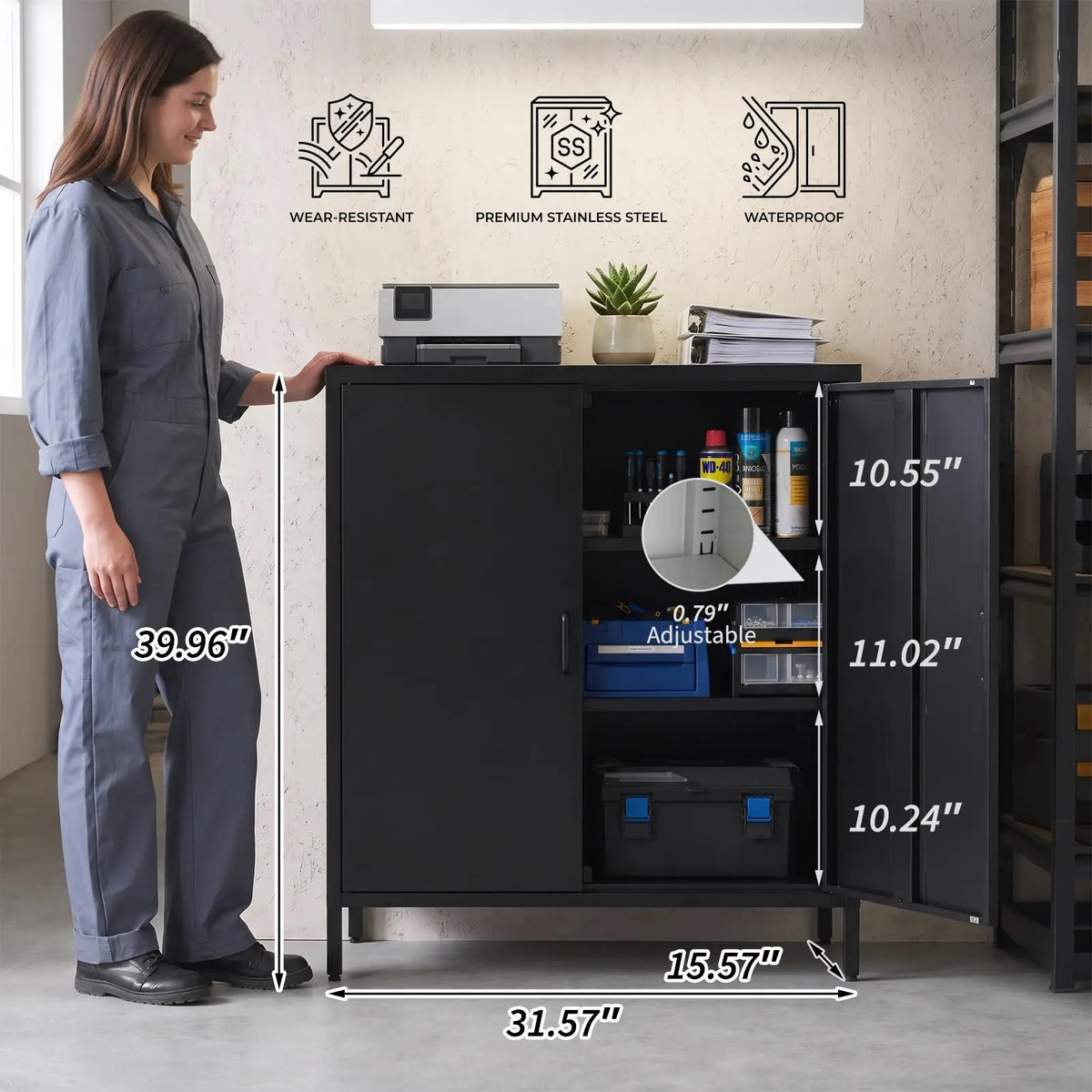 40 Inch Metal Storage Cabinet With 2 Doors, 3 Tier Steel Locker With Adjustable Shelves And Raised Legs For Office Garage Home