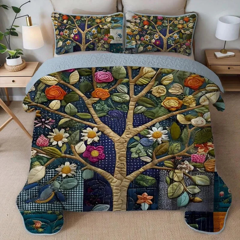 2/3pcs Artistic Tree Print Quilt Set(1 Quilt + 1/2 Pillowcases), Machine Washable Breathable And Durable Summer Bedding Set