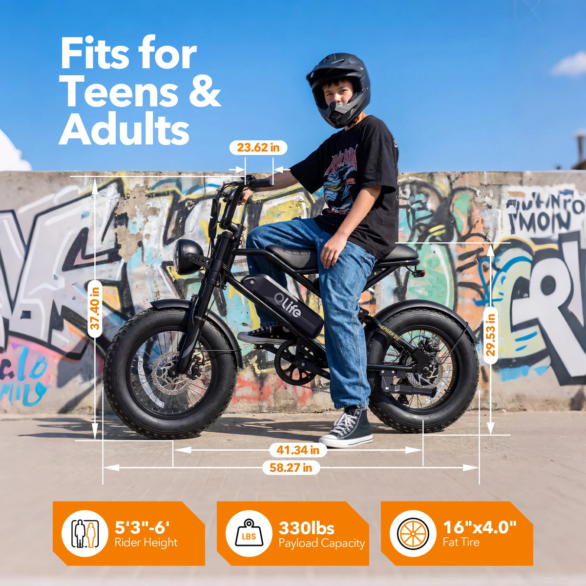 Qlife Spark D1 Electric Bike for Adults, 1500W Peak Motor 48V 10.4 Ah, 16" Fat Tires Electric Mountain Bike, 25 MPH 50Mi Range Off-Road Ebike with Full Suspension