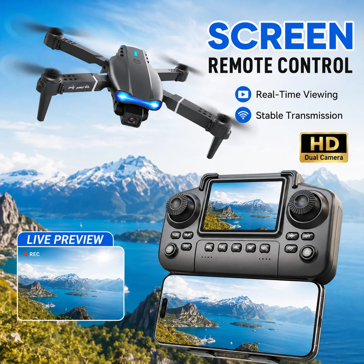 RC Quadcopter Brushless Motor One Key Takeoff Landing Return 360° Rolling Headless Mode Dual Screen Switch LED Light Hobby Drone