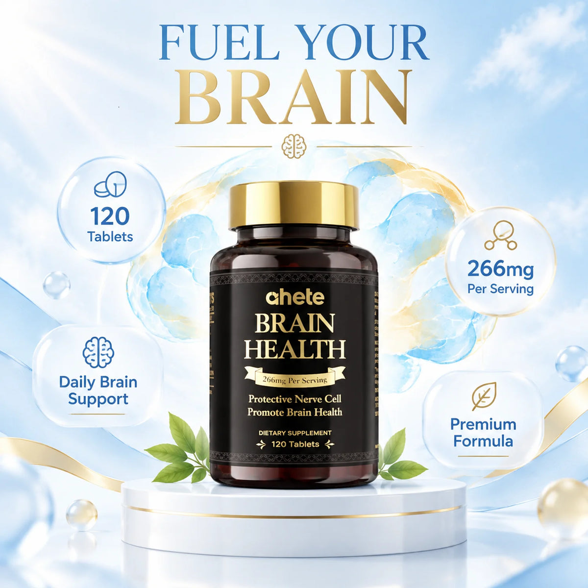 Ahete Brain Health Supplement 266mg - 6 Bottles Set with 120 Tablets， Support for Focus Memory Cognitive