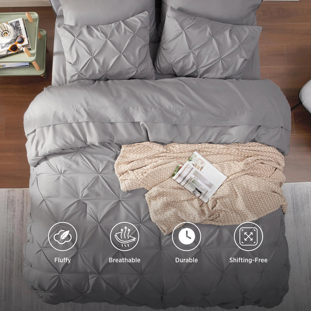 Luxury 7-Piece Pinch Pleat Bedding Set King Size Ultra-Soft Microfiber Comforter Set All-Season Breathable Cloud-Like Bed in a Bag Machine Washable