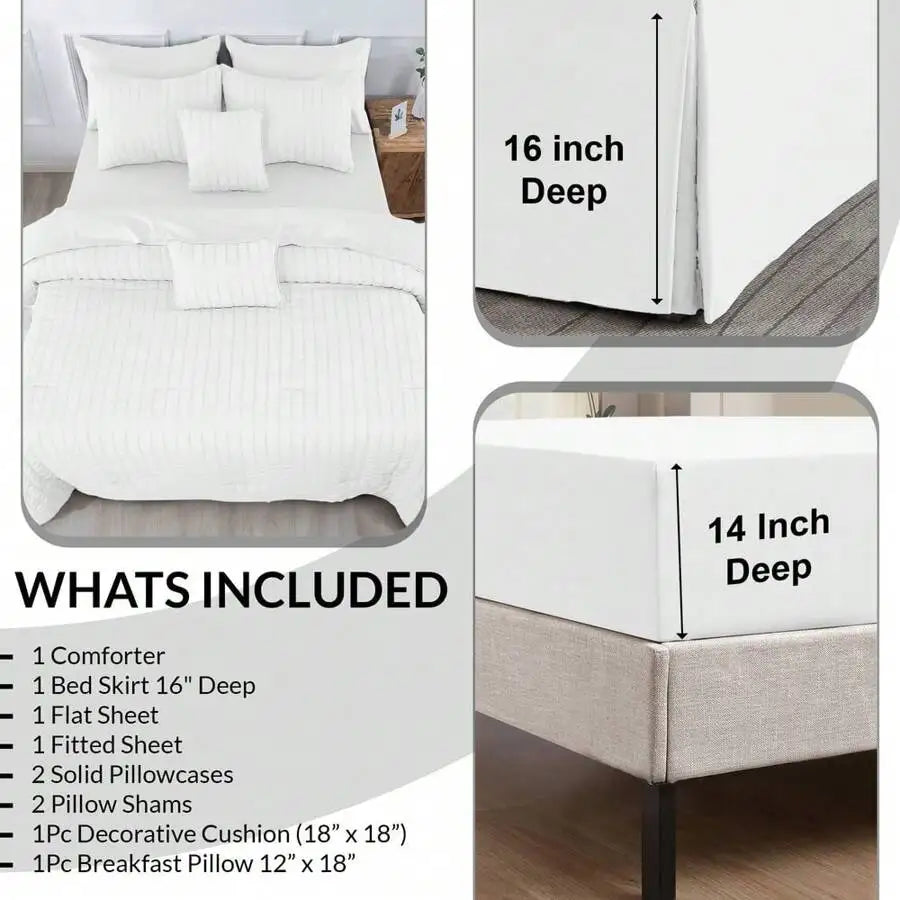 Lux Decor 8/10-Piece Down Alternative Seersucker Comforter Set, Soft Lightweight Breathable Bedding With Comforter, Sheets And Pillowcases, Comfortable All-Season Hotel Style Bed Set For Bedroom, Guest Room And Dorm