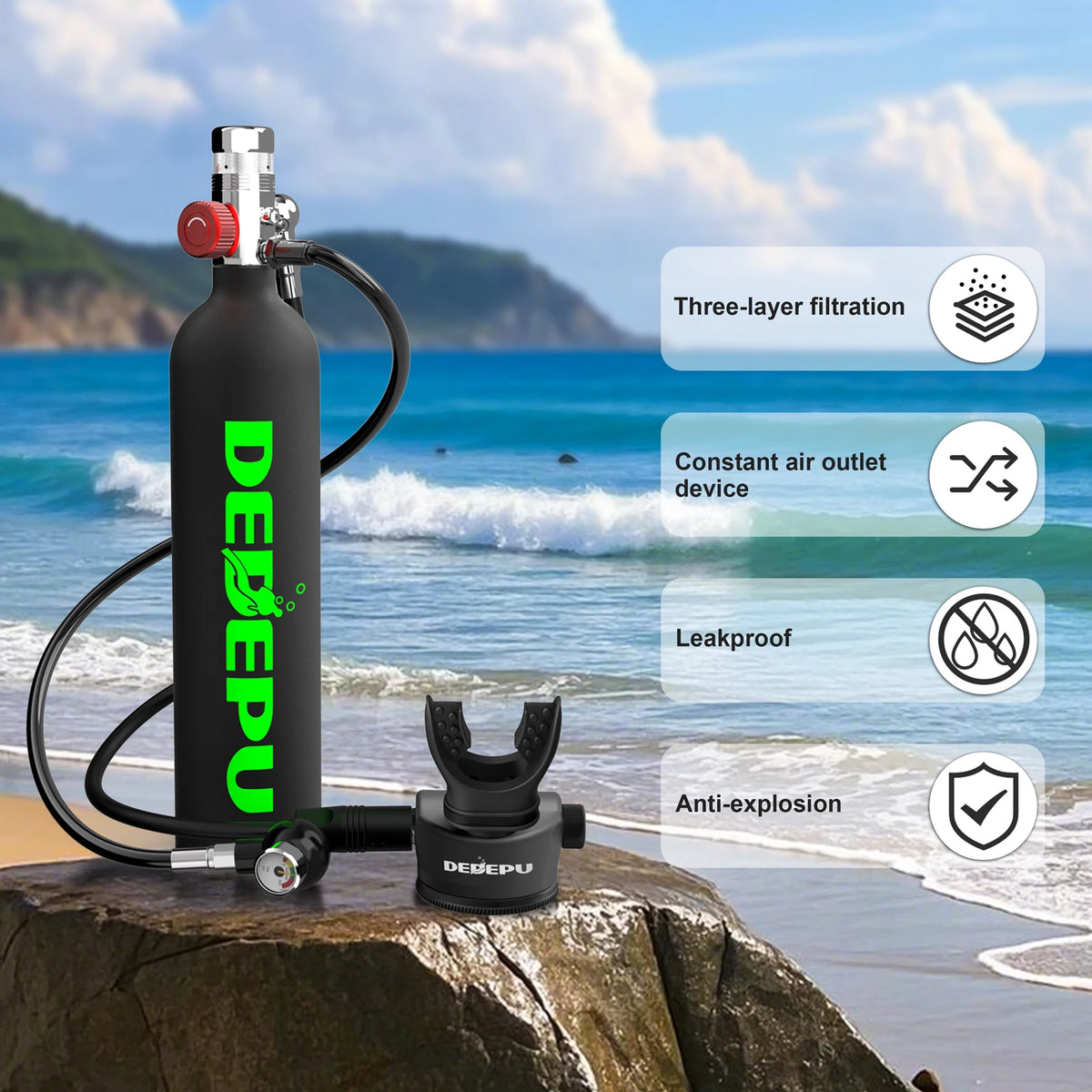 DEDEPU Portable Mini Diving 1L Cylinder Aluminum Alloy and Silicone Tank 20 Minutes of Usage with Diving Mask Snorkel + Bag