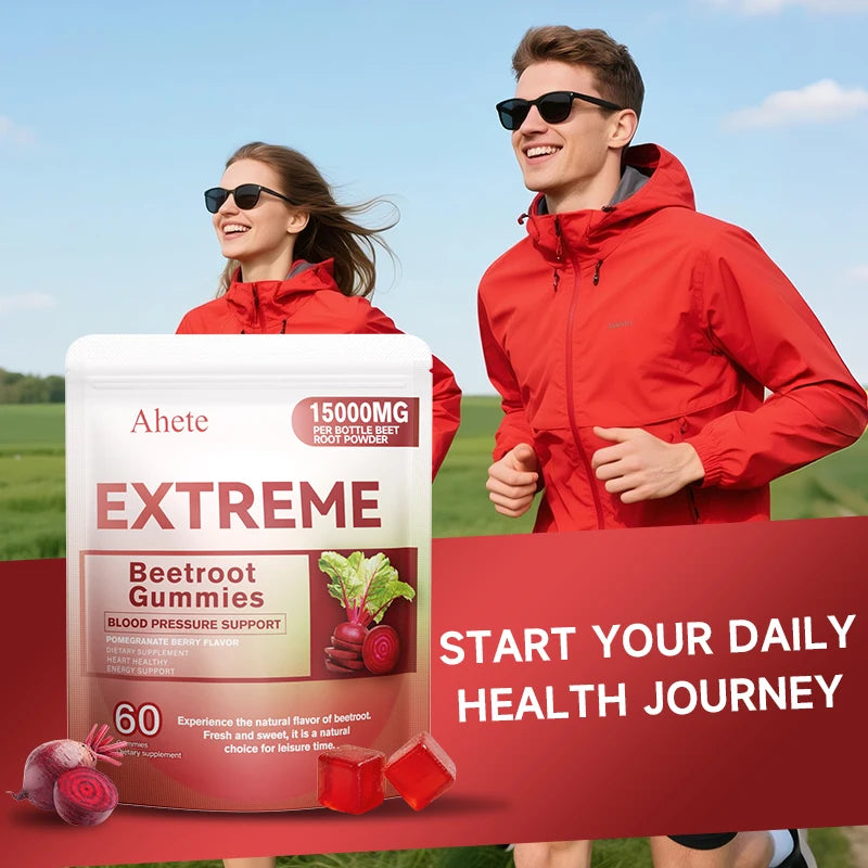 AHETE Beetroot Gummies - Containing beetroot, grape seeds and coenzyme Q10, they support heart and blood pressure health.