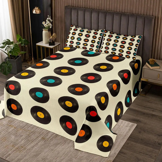 Retro Vinyl Coverlet Set Twin for Women Adults - Vintage Colorful Record Bedspread Discs Hearing Art Quilt Set for Kids Adults,Modern Retro Music Aesthetic Bedding Quilted