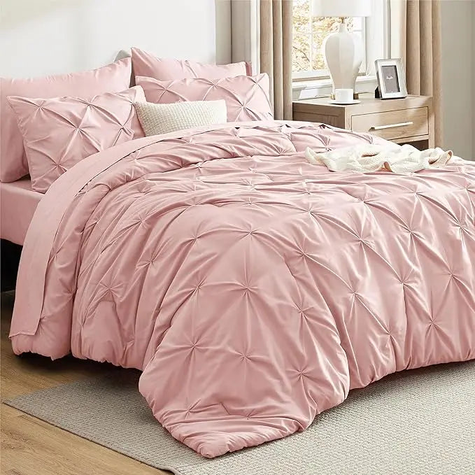 Luxury 7-Piece Pinch Pleat Bedding Set King Size Ultra-Soft Microfiber Comforter Set All-Season Breathable Cloud-Like Bed in a Bag Machine Washable