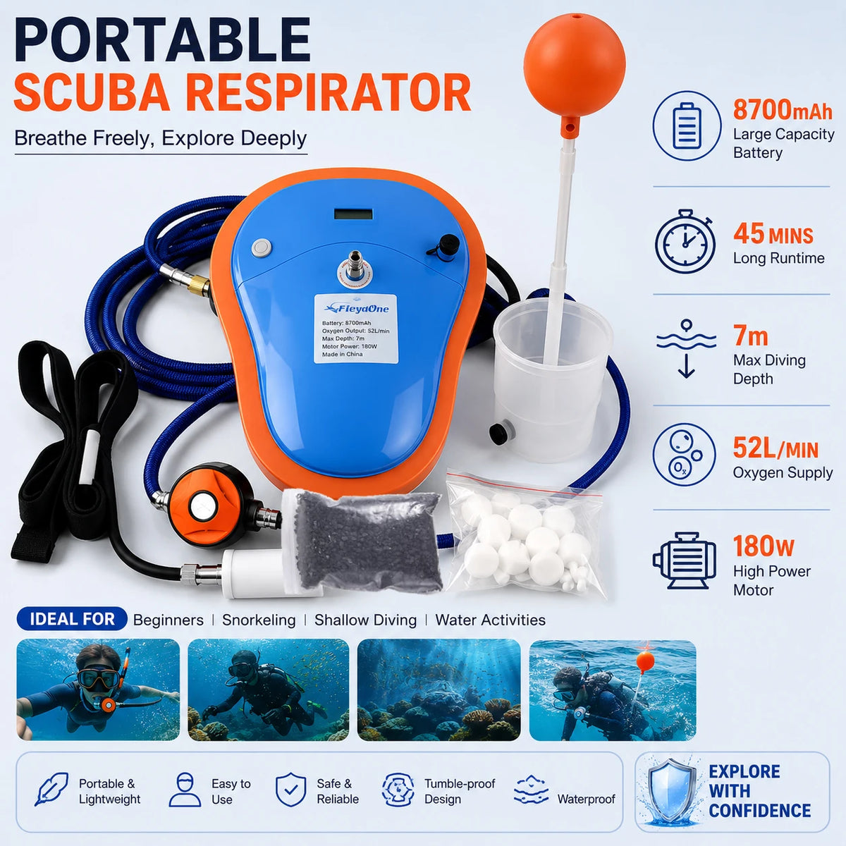 Free Shipping Rechargeable Portable Tankless Scuba Diving Ventilator Underwater 3.5Hours Working 12m Depth Waterproof Snorkeling Equipment Extreme Sports Outdoor Fishing Anti-tip Scuba Breathing System
