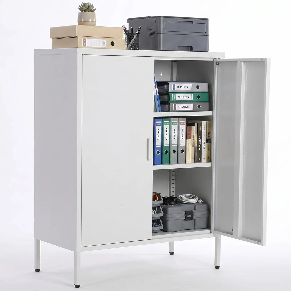 40 Inch Metal Storage Cabinet With 2 Doors, 3 Tier Steel Locker With Adjustable Shelves And Raised Legs For Office Garage Home