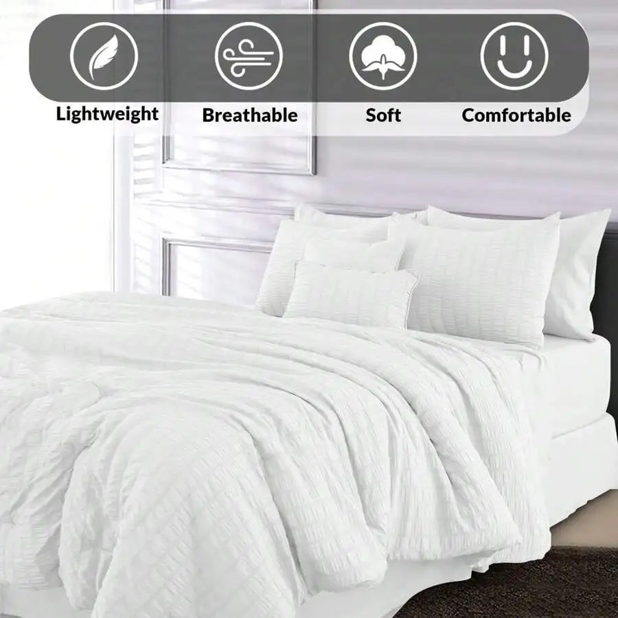 Lux Decor 8/10-Piece Down Alternative Seersucker Comforter Set, Soft Lightweight Breathable Bedding With Comforter, Sheets And Pillowcases, Comfortable All-Season Hotel Style Bed Set For Bedroom, Guest Room And Dorm
