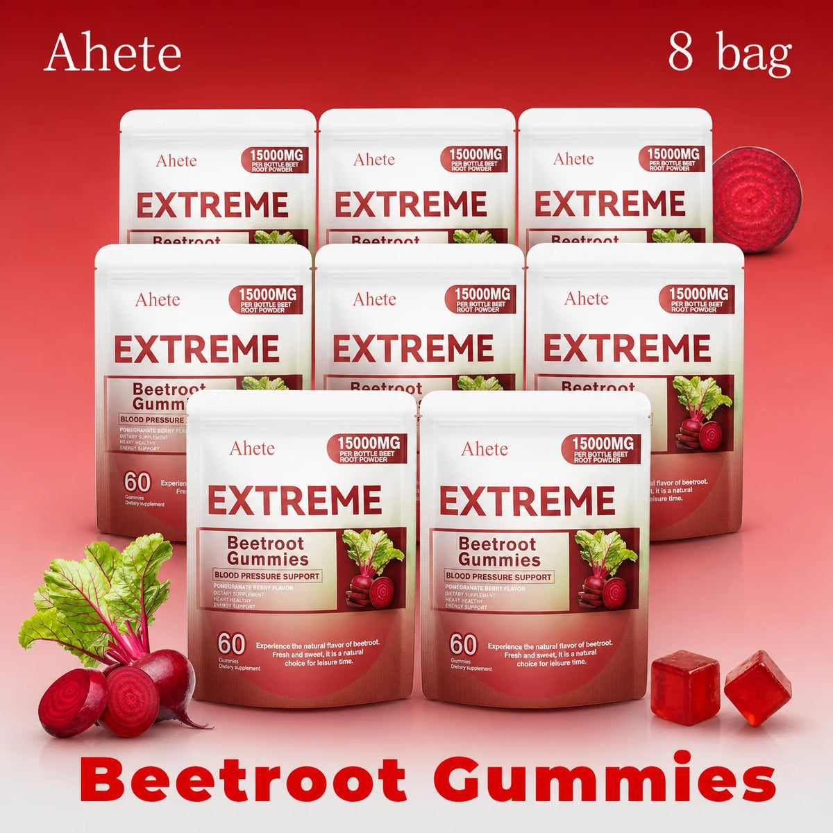 AHETE Beetroot Gummies - Containing beetroot, grape seeds and coenzyme Q10, they support heart and blood pressure health.