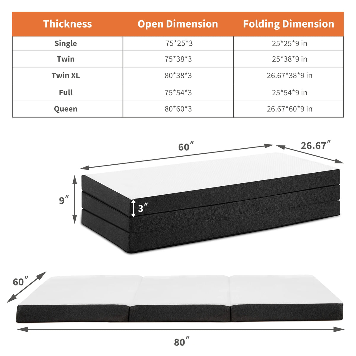 MCQ Foldable Tri-fold Mattress 3 Inch Portable Soft Bed Pad Collapsible and Washable Cover with CertiPUR-US Certified for Home