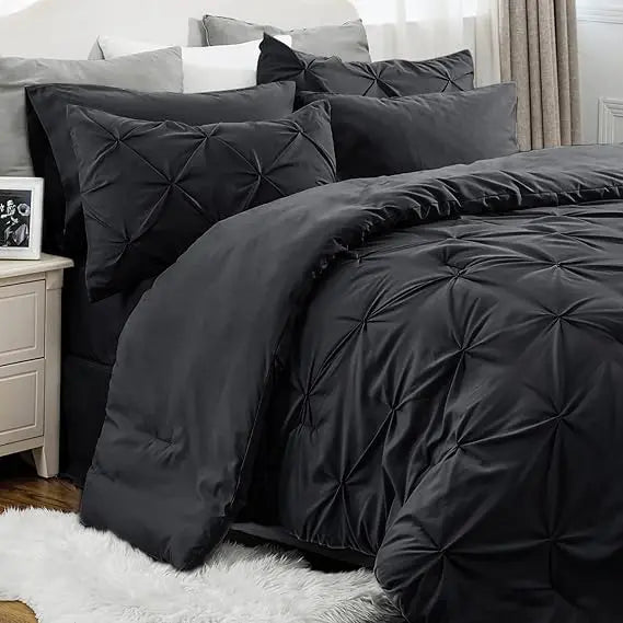 Luxury 7-Piece Pinch Pleat Bedding Set King Size Ultra-Soft Microfiber Comforter Set All-Season Breathable Cloud-Like Bed in a Bag Machine Washable