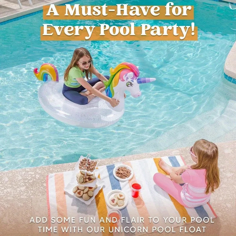 Joyyf Unicorn Pool Float Inflatable Rainbow Floaty with Glitters Fun Pool Float Ride On Unicorn Beach Lake Floaties Raft Lounge