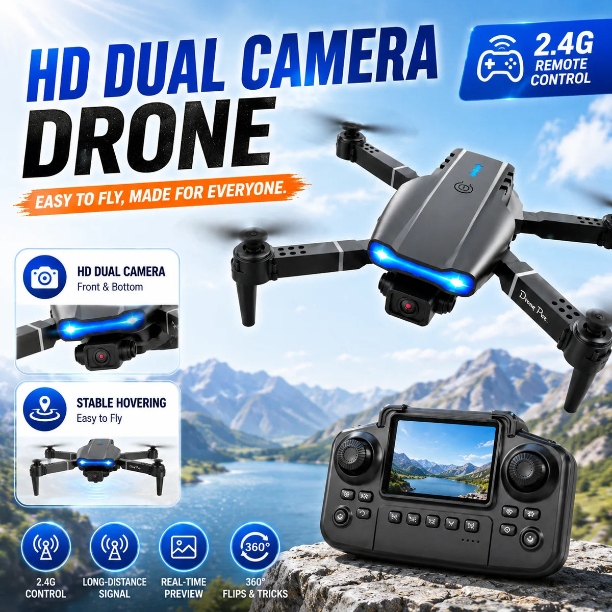 RC Quadcopter Brushless Motor One Key Takeoff Landing Return 360° Rolling Headless Mode Dual Screen Switch LED Light Hobby Drone