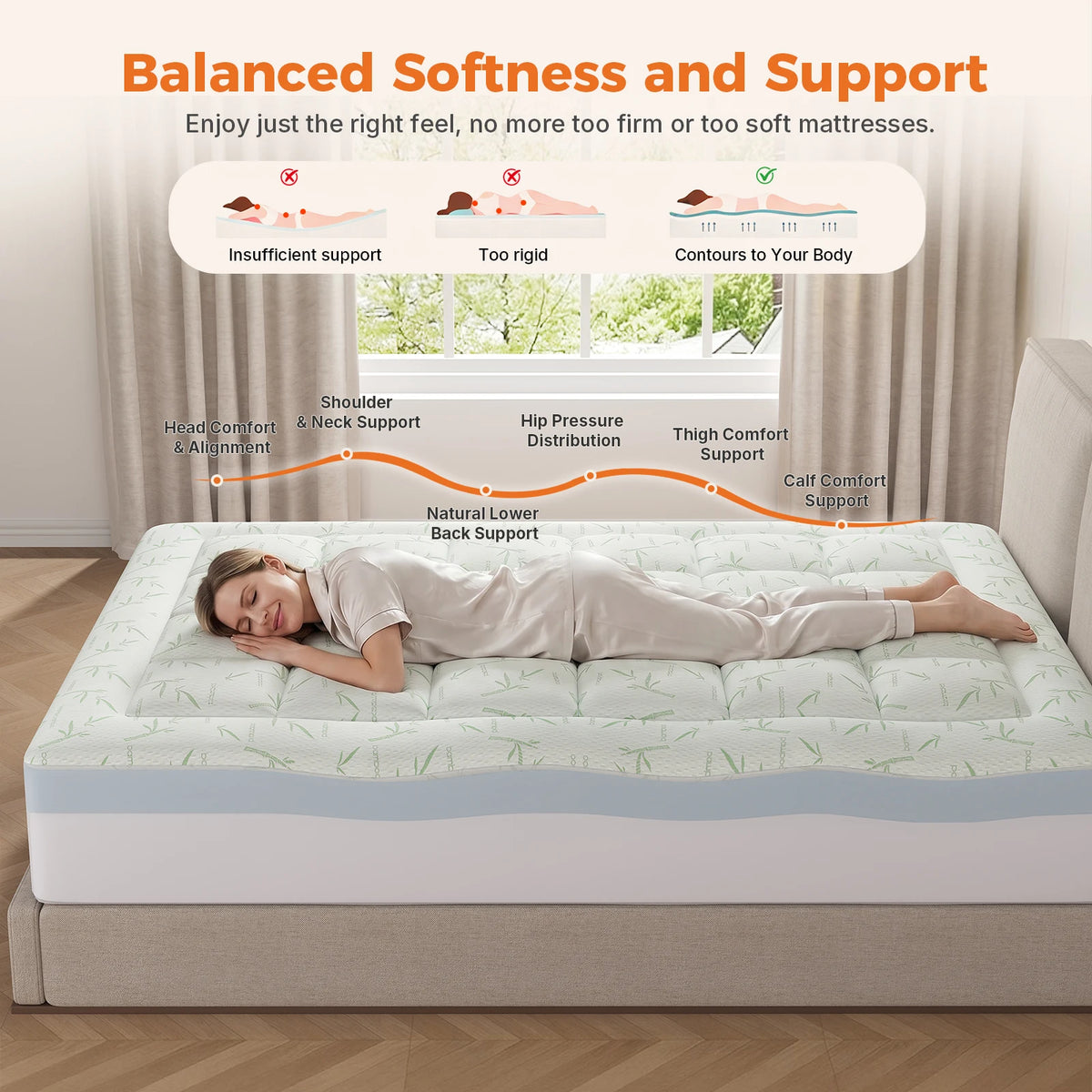MCQ Gel Memory Foam Dual Layer Mattress Topper and Soft Pillow Top Mattress Pad Cover Gel Breathable Cooling Mattress Soft Bed Topper Home Bedroom