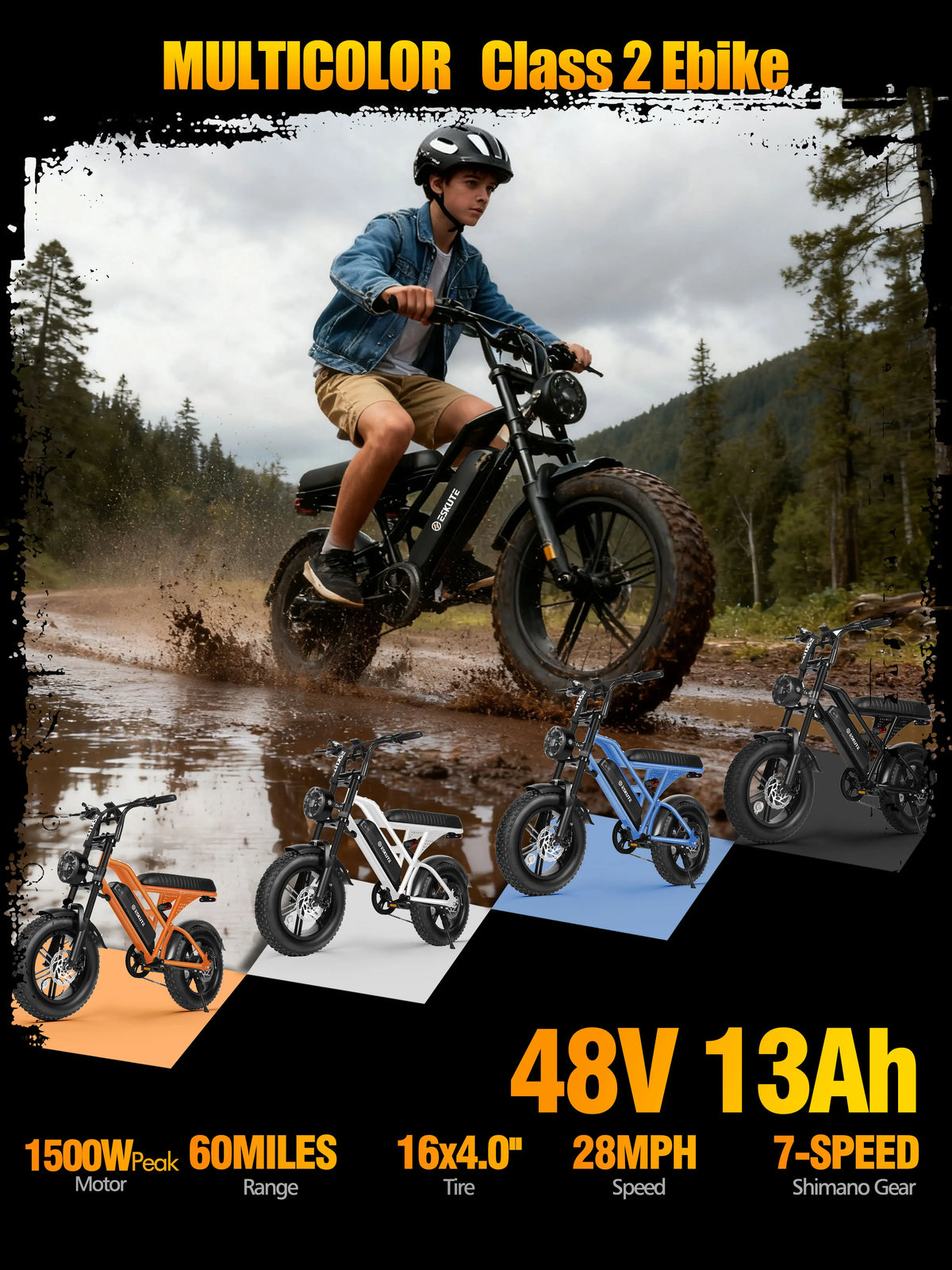 Eskute V100 Electric Dirt Bike, 1500W Peak 20MPH+ 48V13Ah Battery Motorcycle, All Terrain Dual Suspension E Bike , Ebike Up to 60 Miles Range, 16"x4" Fat Tire,  7-Speed，UL2849