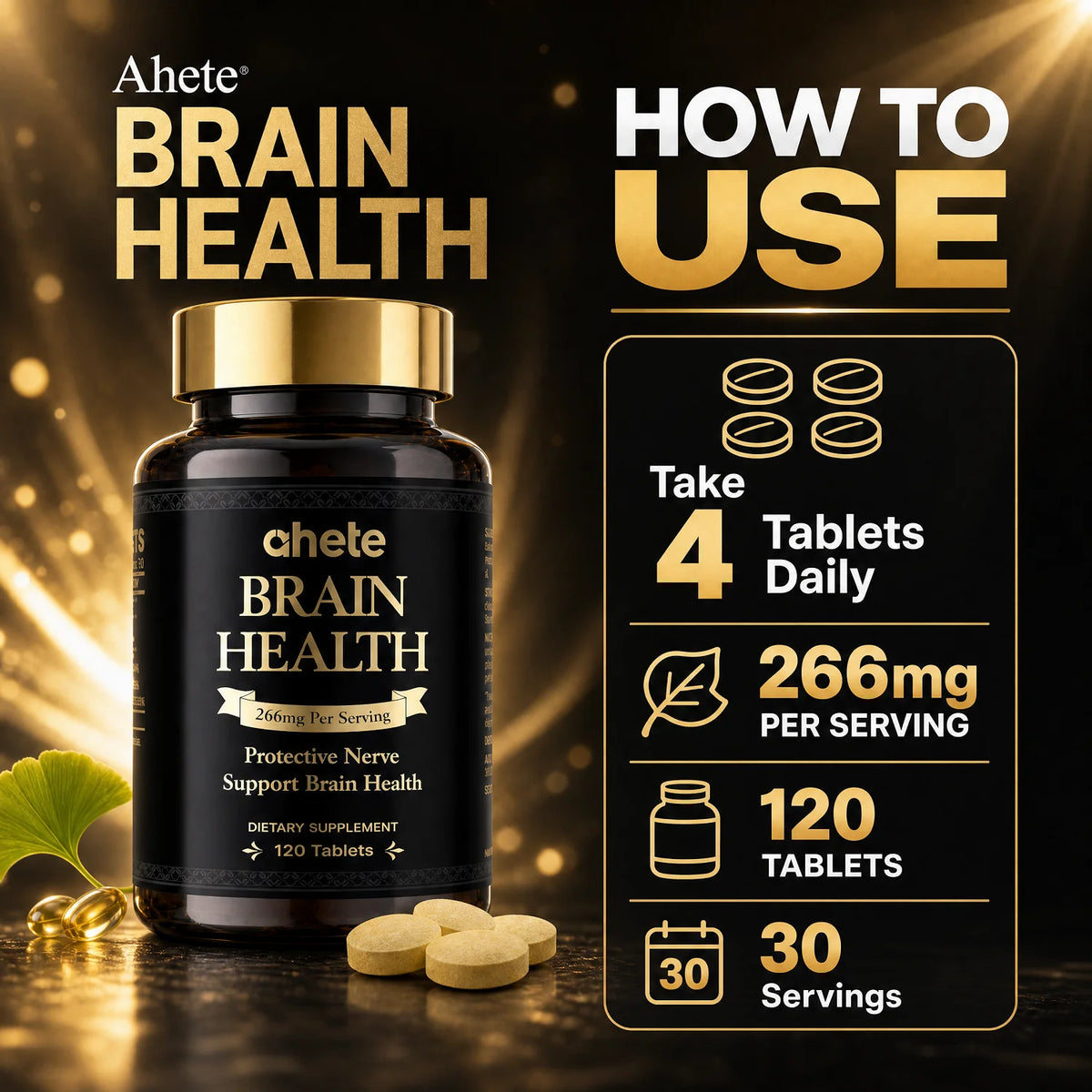 Ahete Brain Health Supplement 266mg - 6 Bottles Set with 120 Tablets， Support for Focus Memory Cognitive