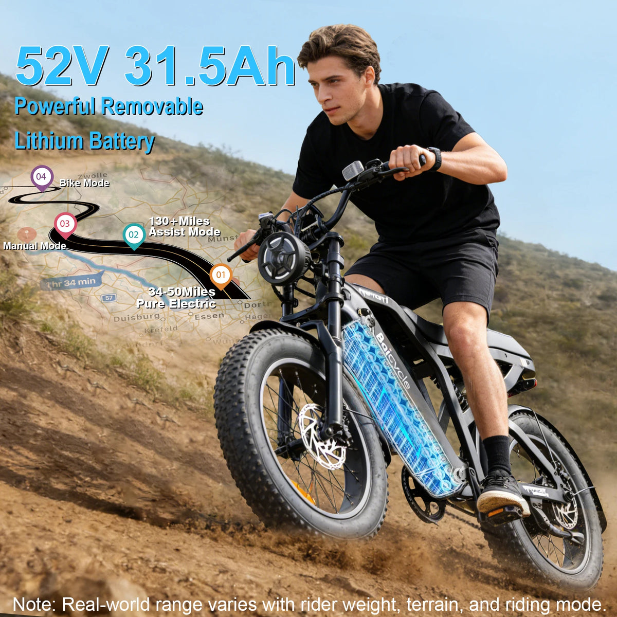 Electric Bike for Adults 3000W, 52V 31.5Ah Battery, Up to 50 Miles Range, 5 Riding Modes, Dual Disc Brakes, High Power Electric Bicycle for Commuting & Outdoor Riding