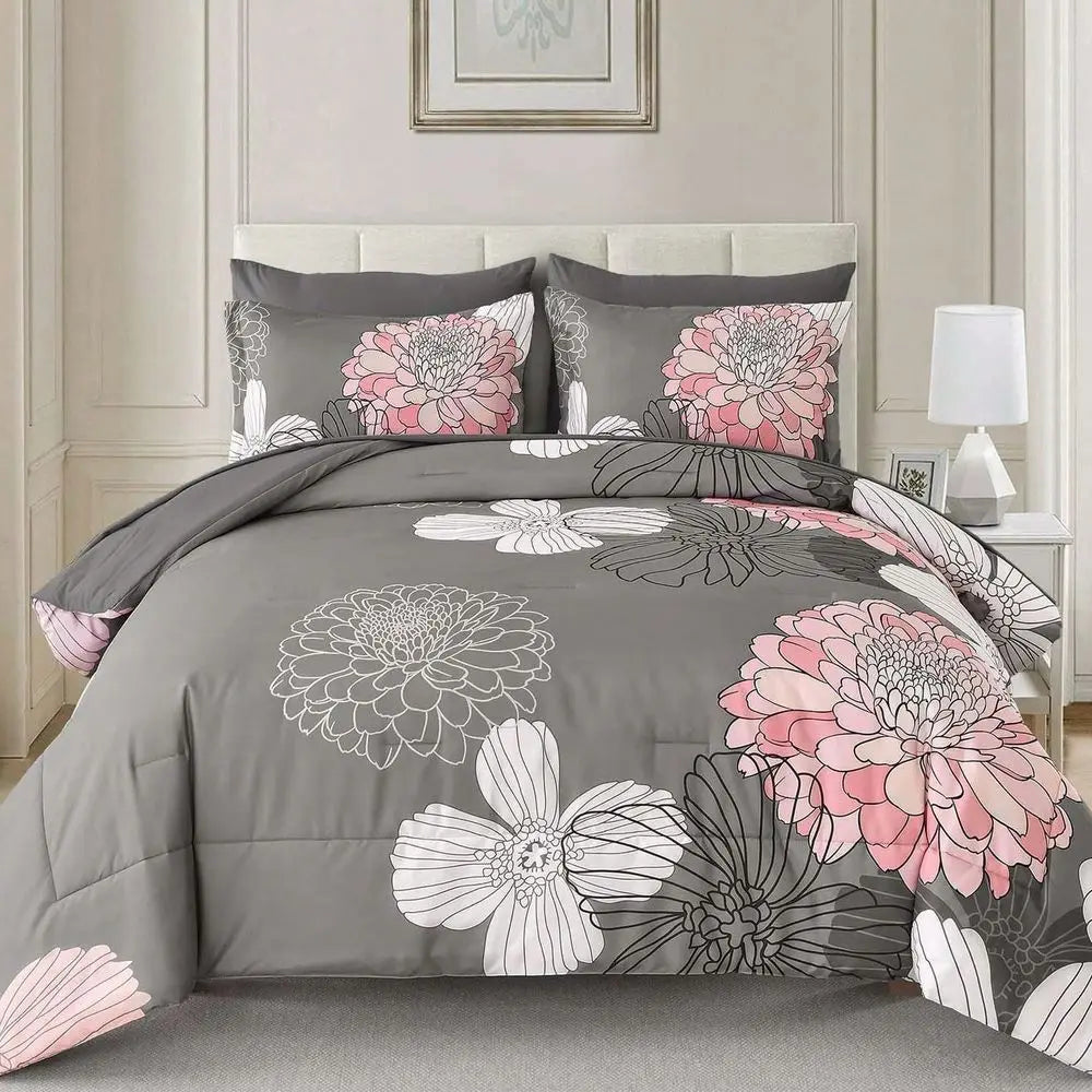 7pcs Comforter Sets Black Grey Floral Pattern Printed Queen King Size , Soft Microfiber Bed In A Bag 1 Comforter, 2 Pillow Sham