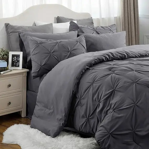 Luxury 7-Piece Pinch Pleat Bedding Set King Size Ultra-Soft Microfiber Comforter Set All-Season Breathable Cloud-Like Bed in a Bag Machine Washable