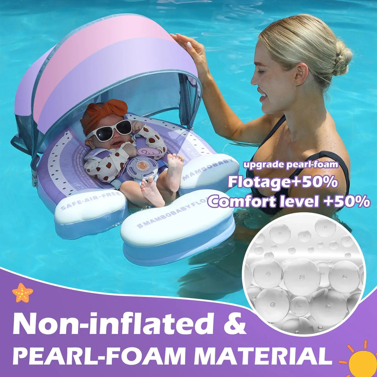 Mambobaby Float Feels Ultra-Secure Safe Air-Free Core ST:  Rainbow 3-24 Month B503-50-W-Z Air-Free Chest Float with Sunshade Canopy  Baby Swimming Ring Toddler Pool Float Infant Swim Circle Infant Fiber Ring 1Years Boy Girl