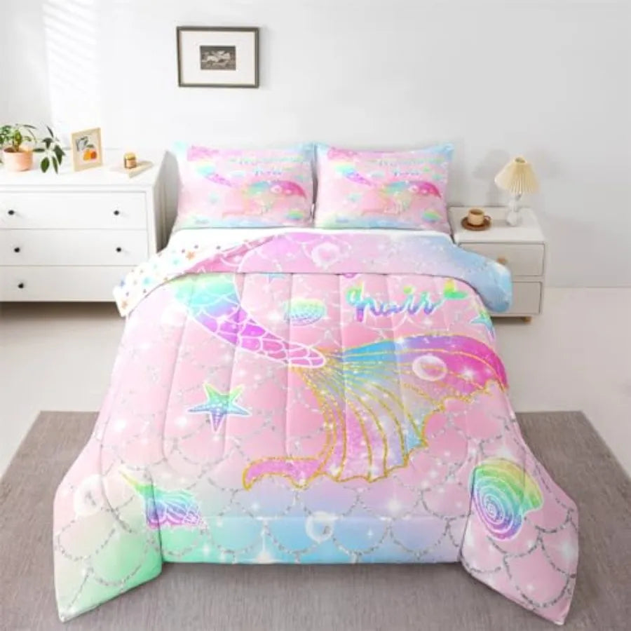 Comforter Set Size for Girls Rainbow Tail Printed Bedding Set Cute Reversible Stars Quilt Bed Set Sparkle Fish Scale Bedroom Gl