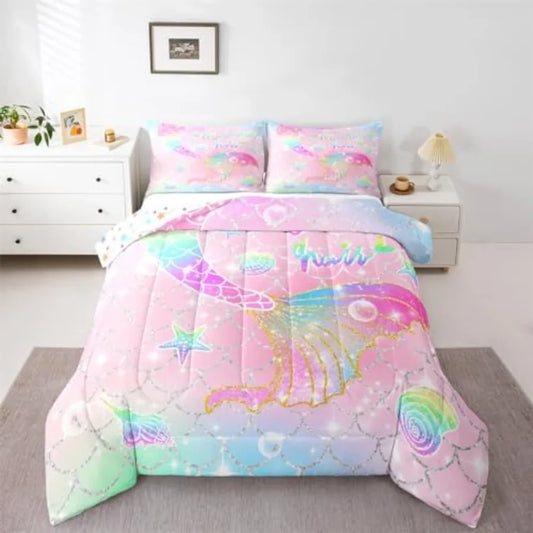 Comforter Set Size for Girls Rainbow Tail Printed Bedding Set Cute Reversible Stars Quilt Bed Set Sparkle Fish Scale Bedroom Gl