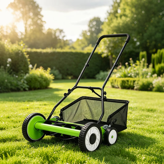 18 Inch Push Reel Lawn Mower, 4 Wheel Manual Grass Cutter With 5 Blade Carbon Steel System, Adjustable Height For Yard Garden